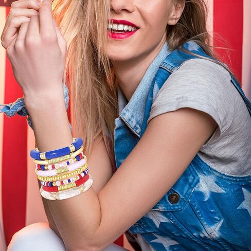 FAERLIIRY 4th of July Bracelets Red White Blue Bracelets American Flag USA Clay Beaded Bracelet Heishi Stretch Stackable Bracelets Patriotic Friendship Bracelet Surfer Preppy Summer Beach Jewelry in Saudi Arabia