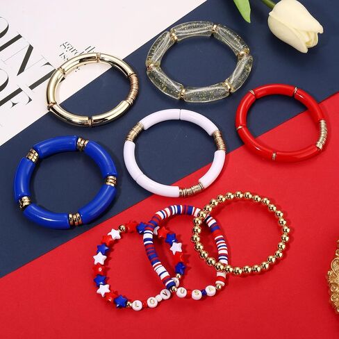 FAERLIIRY 4th of July Bracelets Red White Blue Bracelets American Flag USA Clay Beaded Bracelet Heishi Stretch Stackable Bracelets Patriotic Friendship Bracelet Surfer Preppy Summer Beach Jewelry in Saudi Arabia