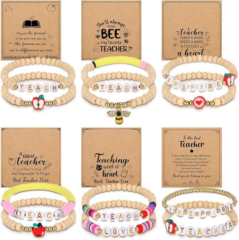 6 Set Teacher Appreciation Bracelets Gift Set for Women Wooden Beaded Elastic Bracelets with Cards Teacher Appreciation Gifts for Graduation Season Birthday Retirement Present in Kuwait