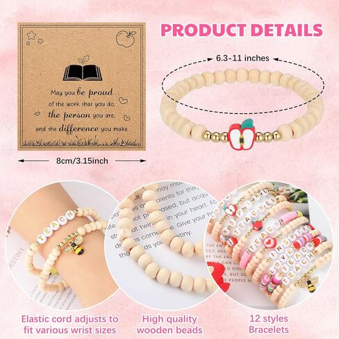 6 Set Teacher Appreciation Bracelets Gift Set for Women Wooden Beaded Elastic Bracelets with Cards Teacher Appreciation Gifts for Graduation Season Birthday Retirement Present in Kuwait