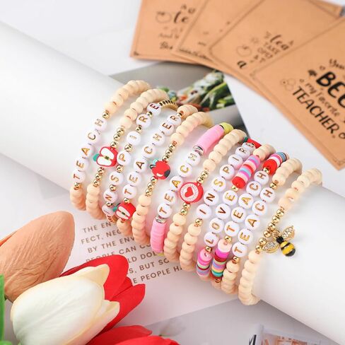 6 Set Teacher Appreciation Bracelets Gift Set for Women Wooden Beaded Elastic Bracelets with Cards Teacher Appreciation Gifts for Graduation Season Birthday Retirement Present in Kuwait
