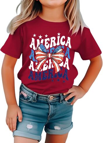 CM C&M WODRO Toddler Kid Girl 4th of July Shirt America Letter Print Patriotic T-Shirt American Flag Bow Graphic Tee Tops in Saudi Arabia