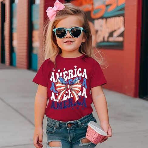 CM C&M WODRO Toddler Kid Girl 4th of July Shirt America Letter Print Patriotic T-Shirt American Flag Bow Graphic Tee Tops in Saudi Arabia