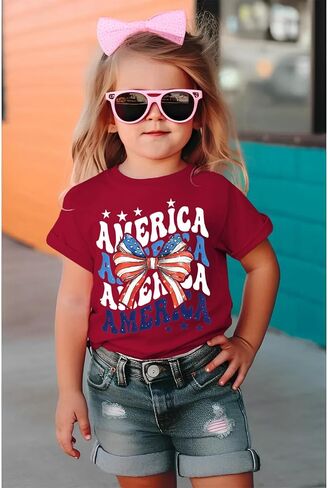 CM C&M WODRO Toddler Kid Girl 4th of July Shirt America Letter Print Patriotic T-Shirt American Flag Bow Graphic Tee Tops in Saudi Arabia