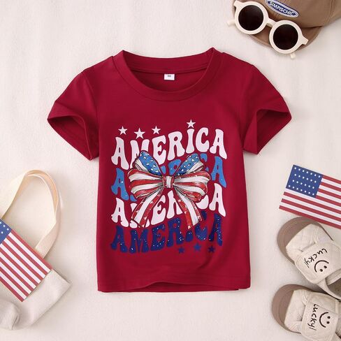 CM C&M WODRO Toddler Kid Girl 4th of July Shirt America Letter Print Patriotic T-Shirt American Flag Bow Graphic Tee Tops in Saudi Arabia
