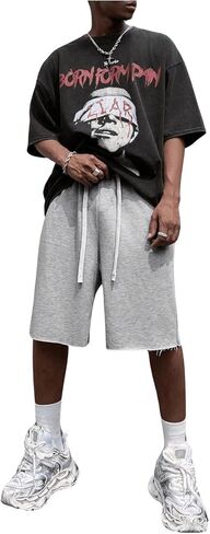 SHENHE Men's Baggy Sweat Shorts Drawstring Waist Wide Leg Raw Hem Loose Streetwear Shorts with Pockets Summer in Saudi Arabia