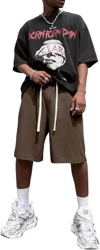 SHENHE Men's Baggy Sweat Shorts Drawstring Waist Wide Leg Raw Hem Loose Streetwear Shorts with Pockets Summer in Saudi Arabia