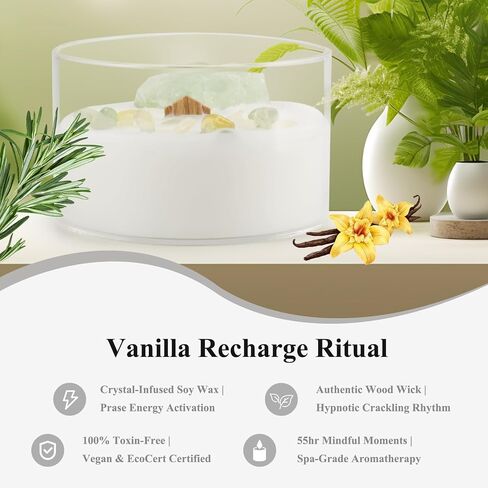 Premium Vanilla Scented Soy Candles with Wood Wick & Healing Crystals Inside, 55-Hour Non-Toxic Aromatherapy Home Scented Candle Gifts for Women, Mom, Birthday, Meditation, Spa (7oz) in Saudi Arabia