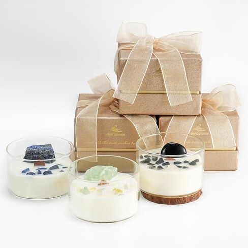 Premium Vanilla Scented Soy Candles with Wood Wick & Healing Crystals Inside, 55-Hour Non-Toxic Aromatherapy Home Scented Candle Gifts for Women, Mom, Birthday, Meditation, Spa (7oz) in Saudi Arabia