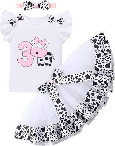 FYMNSI Baby Girl Farm Cow 1st Birthday Outfit Romper Tutu Skirt Headband Ladybug Bee Cake Smash Photo Shoot Clothes 3PCS Set in Saudi Arabia