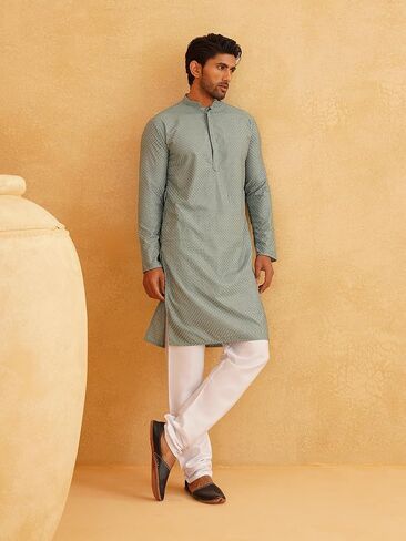 Sojanya (Since 1958 Men'S Cotton Embroidered Thread Work Kurta With White Churidar Pyjama in Saudi Arabia