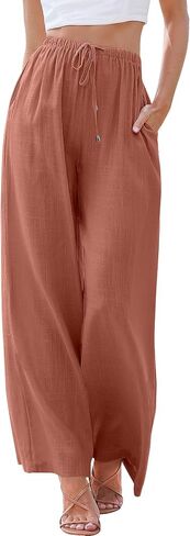ANRABESS Womens Linen Palazzo Pants Summer Flowy Wide Leg Drawstring Casual Trousers with Pockets Beach Vacation Outfits in Saudi Arabia
