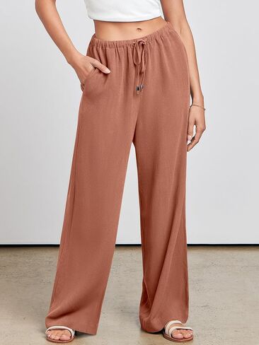 ANRABESS Womens Linen Palazzo Pants Summer Flowy Wide Leg Drawstring Casual Trousers with Pockets Beach Vacation Outfits in Saudi Arabia