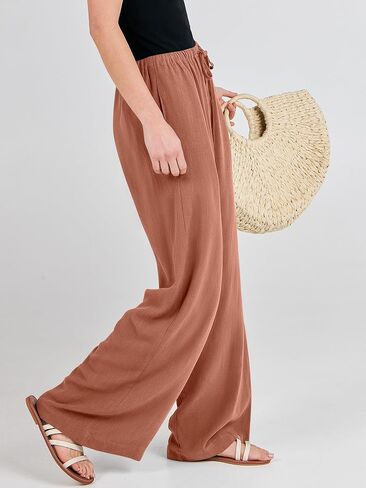 ANRABESS Womens Linen Palazzo Pants Summer Flowy Wide Leg Drawstring Casual Trousers with Pockets Beach Vacation Outfits in Saudi Arabia