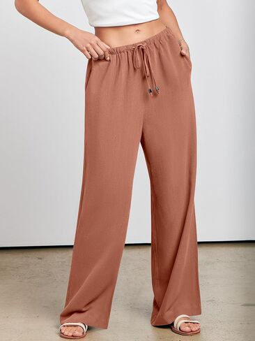 ANRABESS Womens Linen Palazzo Pants Summer Flowy Wide Leg Drawstring Casual Trousers with Pockets Beach Vacation Outfits in Saudi Arabia