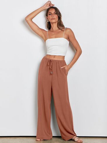 ANRABESS Womens Linen Palazzo Pants Summer Flowy Wide Leg Drawstring Casual Trousers with Pockets Beach Vacation Outfits in Saudi Arabia