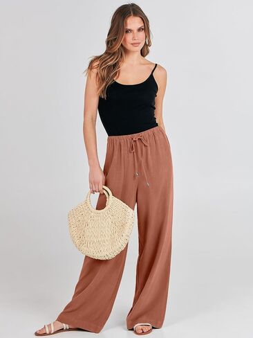 ANRABESS Womens Linen Palazzo Pants Summer Flowy Wide Leg Drawstring Casual Trousers with Pockets Beach Vacation Outfits in Saudi Arabia