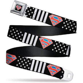 DC Comics Belt, Seatbelt Buckle Belt, Superman Shield Americana Stars Stripes Black White Red Blue, Adjustable