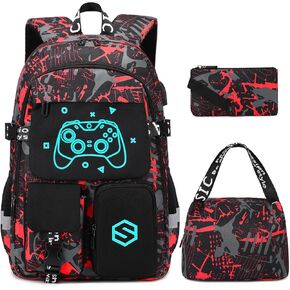 Boys Backpack, Cool Luminous School Backpacks for Boys with Lunch Bag Pencil Case, Kids Backpack Kindergarten Elementary Middle School Book Bags for Teen Boy Children with USB Charging Port
