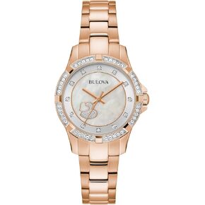 Bulova Ladies' Classic Crystal Rose Gold Stainless Steel 3-Hand Quartz Watch, White Mother-of-Pearl Dial with Crystal Heart Detail Style: 98L303