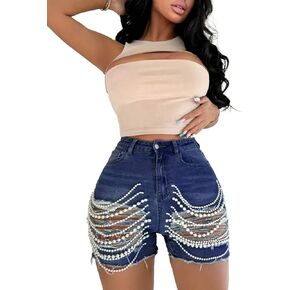 Unybwonn Denim Shorts Women Ripped Cutout Pearls Chain Jean Shorts Rhinestone Stretchy Distressed Raw Hem Tassels Shorts in Kuwait