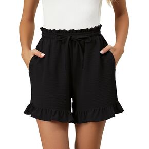 IECCP Women's Shorts 2025 Summer Casual Cute Ruffle Shorts Comfy Elastic Waist Drawstring Pleated Short with Pockets