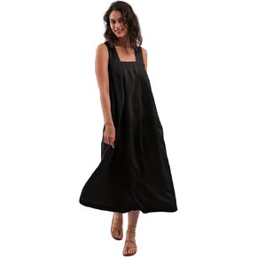 Amazhiyu Women's Pure Linen Summer Sleeveless Strap Midi Dresses with Pockets