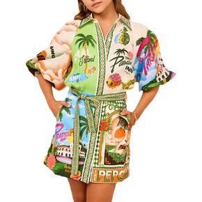 Women's Printed Button Down Shirt Dress with Pockets Casual 3/4 Sleeve Boho Short Tunics Dresses with Belt