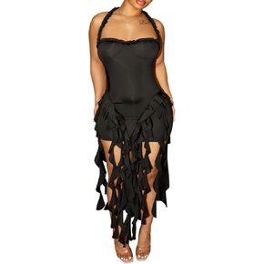 Womens Summer Ruffle Fringe Mini Dress Sexy Halter Bodycon Tassel Party Club Birthday Short Dresses