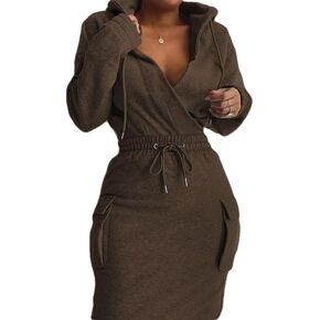 BIRW Hoodie Dress for Women 2025 Slim Casual Long Sleeve High Waist Drawstring Pullover Bodycon Sweatshirt Dresses