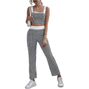 Milumia Women's 2 قطعة ملابس Houndstooth أعلى خزان حزام وسروال طويل