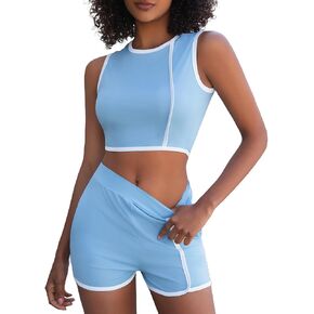 Womens Two Piece Workout Sets Color Block Short Matching Lounge Sets Casual Summer Outfits Going Out Gym Sets