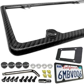 BGGTMO Carbon Fiber License Plate Frame - 100% Real Carbon Cloth Wrapped Stainless Steel Metal, Slim Car Tag Holder with Anti-Theft Screws & Caps (1 Pack 2 Hole)