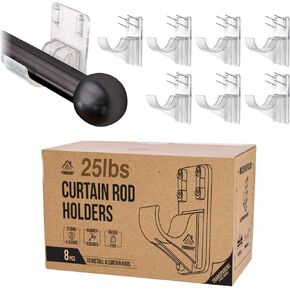 8pcs Heavy Duty Curtain Rod Holders with Wide Hook, 5X Stronger Than Adhesive Curtain Rod Hooks, 25 LBS Tension Curtain Rod Bracket for Wall with Level and Pin Guide, Minimal Damage Curtain Wall Mount