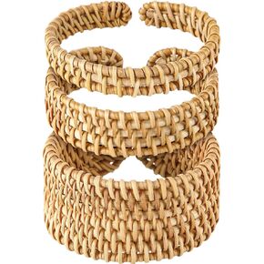 3 Pcs Handwoven Wooden Braided Rattan Knit Cuff Bracelet Adjustable Bohemian Chunky Wrap Bangle for Women Summer Ethnic Tribal Wrist Jewelry
