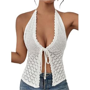 SOLY HUX Women's Crochet Tie Front Halter Neck Crop Camisole Top Swimsuit Cover Up Beachwear in Kuwait