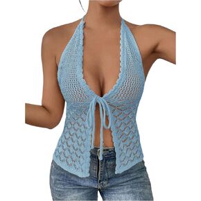 SOLY HUX Women's Crochet Tie Front Halter Neck Crop Camisole Top Swimsuit Cover Up Beachwear
