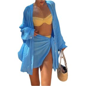 Verdusa Beach Vacation Clothes For Women 2 Piece Outfits Swimsuit Cover Ups Button Shirts and Wrap Skirts Sets