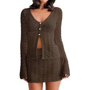 Fisoew Womens Crochet 2 Piece Cover Up V Neck Bell Sleeve Button Cardigan Sheer Mesh Beach Mini Skirt Coverup Set