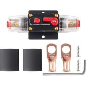 NuIth 150 AMP Circuit Breaker with Manual Reset, 4-12 AWG 150A Inline Circuit Breaker with Wire Lugs and Heat Shrink Tube 12-24V for Marine Car Audio System Home Truck