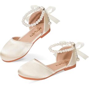 Toddler Girls Dress Shoes Flower Girls Mary Jane Ballet Flats Decorative Pearls Lace-Up Ankle Strap Wedding Communion Princess Shoes