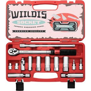14 PCS 3/8 Inch Drive Spark Plug Socket Set with Click Torque Wrench（5-45 Lb.ft/6.8-61.2 Nm）, Magnetic Swivel Sockets, Universal Joint, Extension Bar, Cr-V Steel