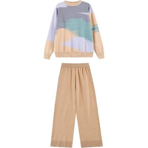 abstract knit sweater & wide-leg pants set - blue, gray & beige | comfy lounge wear, casual outfit, stylish knitwear