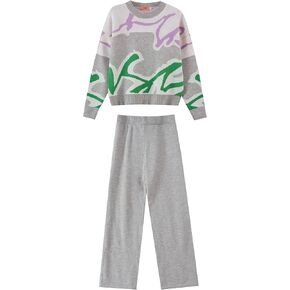 Gray Green Purple Abstract Knit Sweater Wide Leg Pants Set Soft Knit Fabric Relaxed Fit Stylish 2 Piece Women Outfit