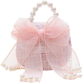 Little Girls Purse,Cute Bowknot Crossbody Handbag Shoulder Bag with Pearl Handle, Detachable Gold Chain