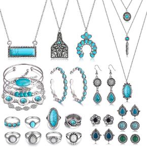 26 PCS Boho المجوهرات مجموعة للنساء بوهيميات الطبقات الغربية قلادة مكدسة حلقة الفيروز الفيروز