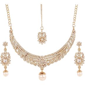 Touchstone Indian Bollywood Modern Style White Rhinestone Faux Paux Desi Desi Designer Necklace Jewelry Necklace plant for Gold for Women.