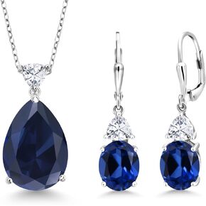 GEM Stone King 925 Sterling Silver Blue خلق الياقوت والألواح البيضاء المجوهرات القلادة القلادة مجموعة للنساء (20.64 CTTW ، شكل الكمثرى 18 × 13 مم ، مع سلسلة 18 بوصة)