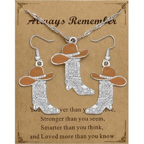 2 Pcs Cowgirl Jewelry Set for Women Sparkly Rhinestone Cowgirl Earrings Cowboy Boots Necklace Chic Enamel Hat Boot Charm Western Jewelry for Women