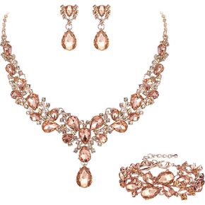 EVER FAITH Austrian Crystal Bridal Bridesmaid Jewelry Sets, Elegant Water Drop Flower Cluster Statement Chunky Necklace Earrings Bracelet Set for Women